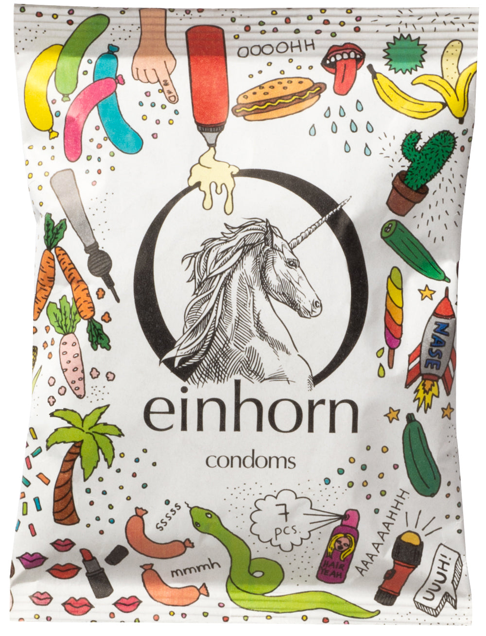 Einhorn Kondom packung mit Einhorn und anderen phallussymbolen wie Gurke, Möhren, Würste, Palme, Hotdog und Co