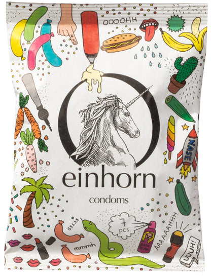 Einhorn Kondom packung mit Einhorn und anderen phallussymbolen wie Gurke, Möhren, Würste, Palme, Hotdog und Co