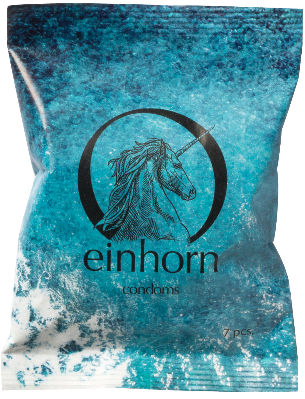 einhorn Kondom Packung mit Einhorn in der Mitte und blauen Wellen