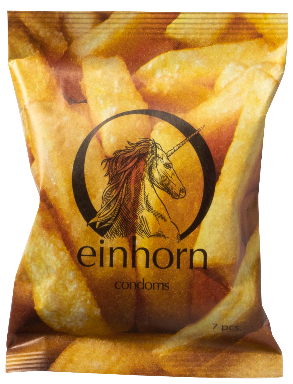 einhorn Kondom packung in Chipstüten Form mit abgebildeten Chips