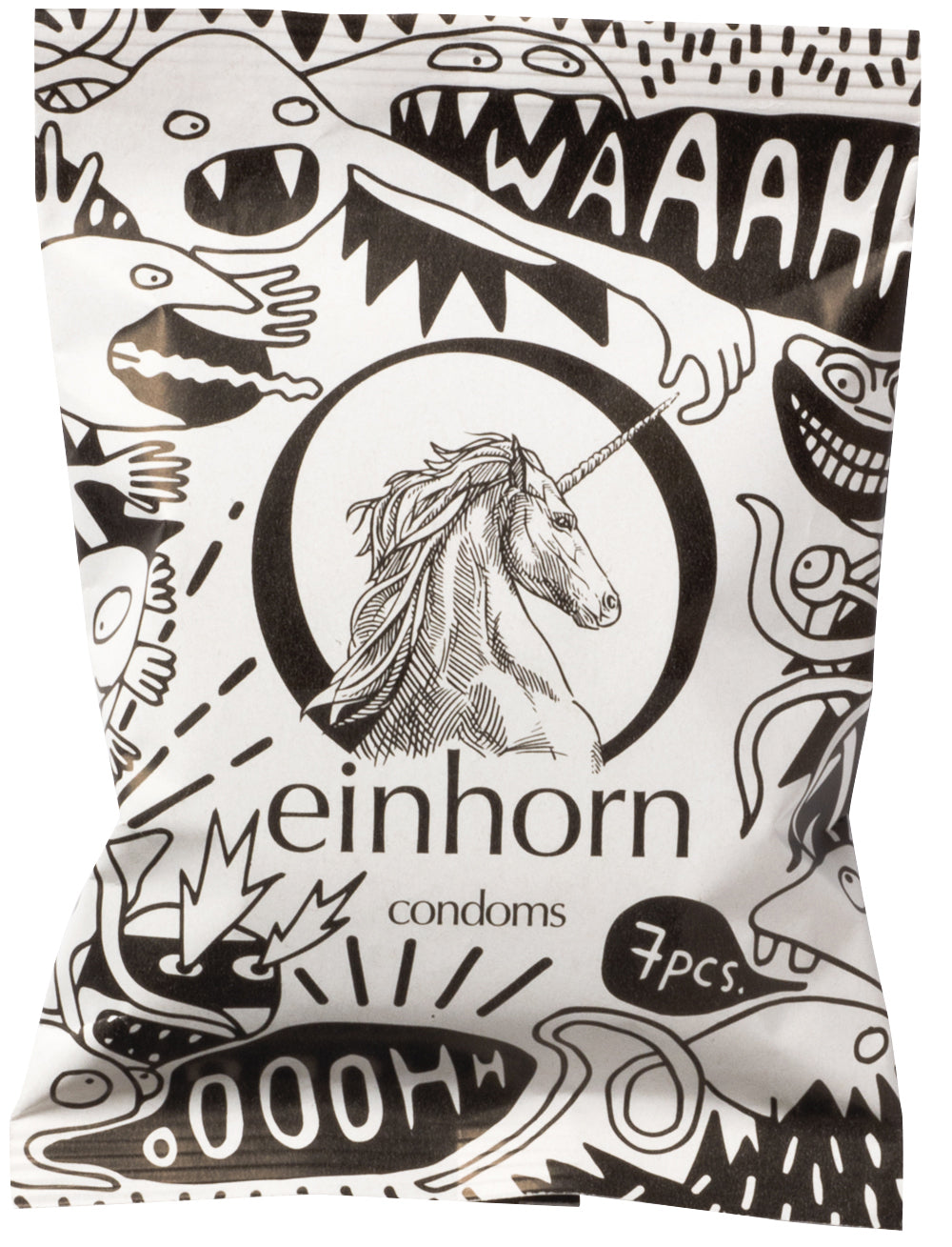 einhorn Kondom Packung Schwarz-Weiß mit einhorn in der Mitte und Comic style Monstern und Sprechblasen auf der Packung 