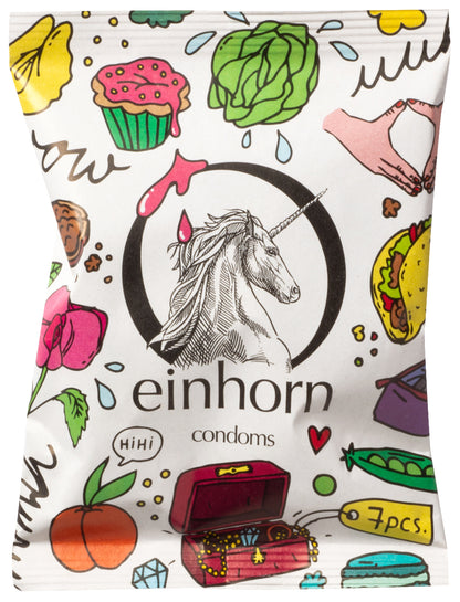 einhorn Kondom Packung mit Einhorn in der Mitte und verschiedenen Symbolen, die eine Vulva repräsentieren wie Kopfsalat, Tacos, Schmuckschatulle, Erbsen, Muffin, Glückskecks